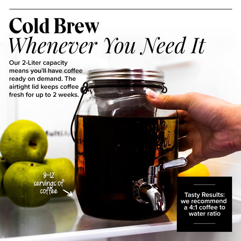 Willow & Everett Cold Brew Coffee & Iced-Tea Maker Pitcher, 2 L Glass Dispenser w/Metal Spigot & Mesh Filter Iced Coffee & Sun Tea Brewing System - Image 2